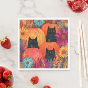 Servilleta De Papel Gato negro vigilante Parche de calabaza de otoño