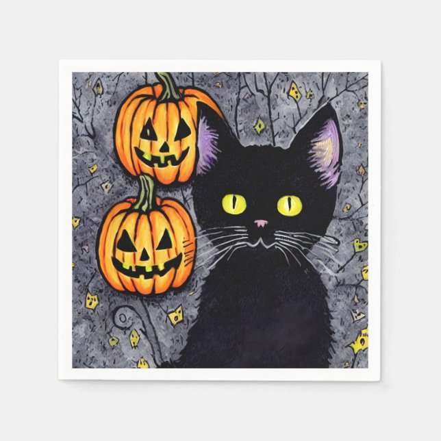 Servilleta De Papel Gato negro y calabazas (Anverso)