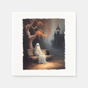 Servilleta De Papel Gato Negro Y Fantasma Sentados En El Bench Hallowe