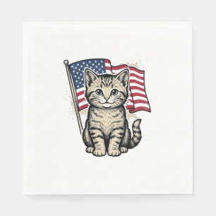 Servilleta De Papel Gato Patriótico con Bandera Americana Diseño Vecto