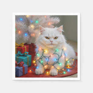 Servilleta De Papel Gato Persa de Navidad enredado en luces navideñas