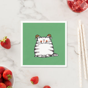 Servilleta De Papel Gato Regordete Lindo con Dos Sombreros de Navidad