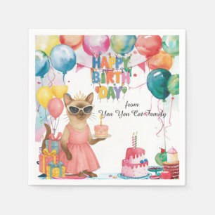 Servilleta De Papel Gato siamés con un cumpleaños feliz diciendo