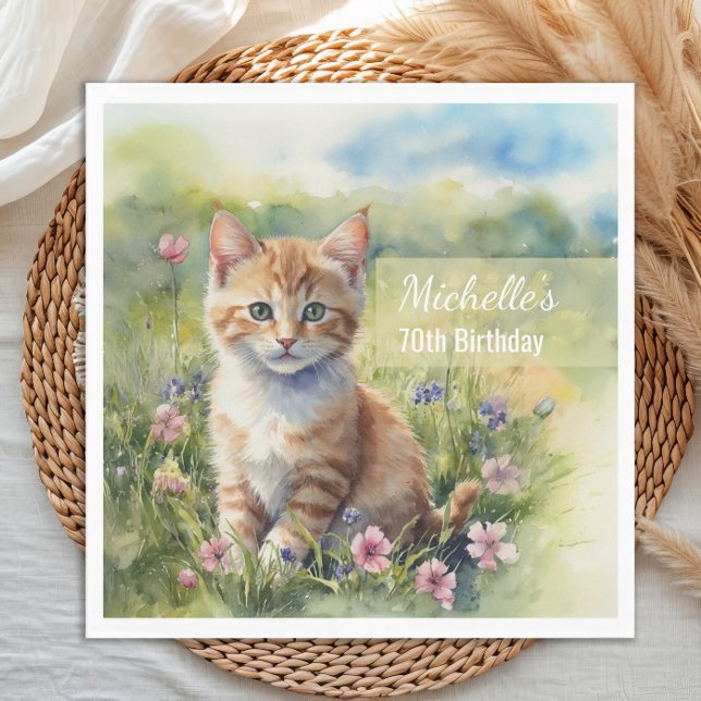 Servilleta De Papel Gato Tabby Acuarela Cumpleaños 70 en el Prado (Cat birthday party paper napkins)