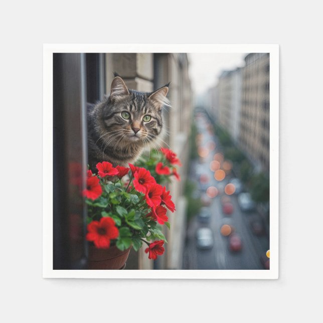 Servilleta De Papel Gato Tabby en Ventana de Apartamento (Anverso)