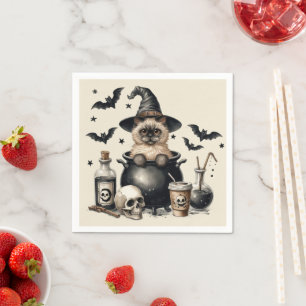 Servilleta De Papel Gato Vintage Adorable en una Caldera Halloween
