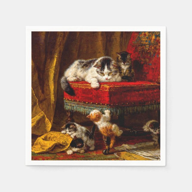 Servilleta De Papel Gato y gatitos jugando con silla (Anverso)
