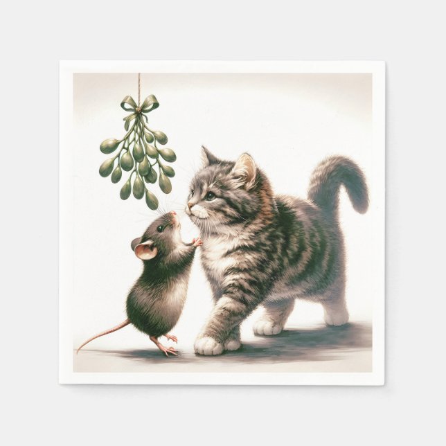 Servilleta De Papel Gato y ratón con Mistleto (Anverso)