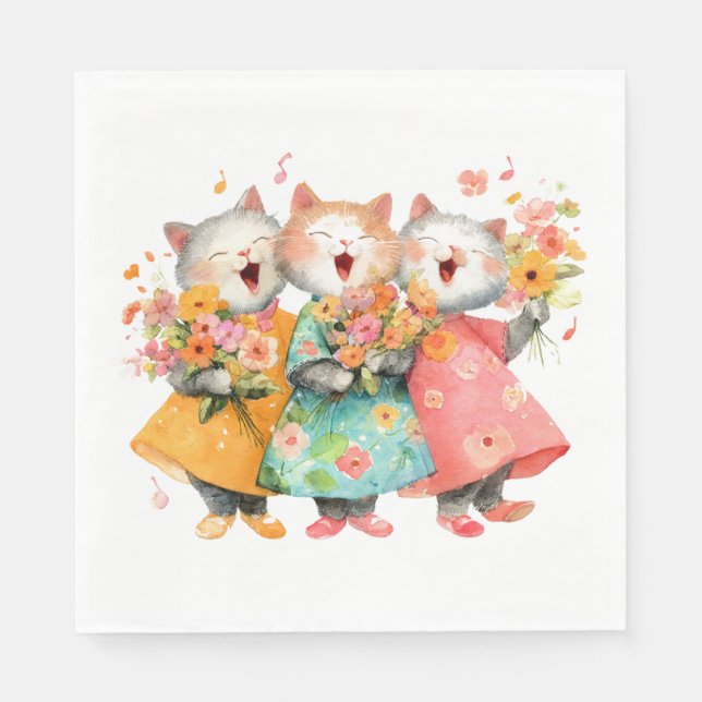 Servilleta De Papel Gatos Cantando que Sostienen Ramos (Anverso)