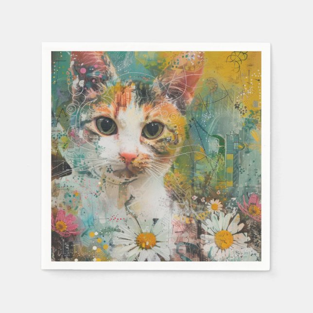 Servilleta De Papel Gatos de acuarela Boho - Arte felino de tierra (3) (Anverso)