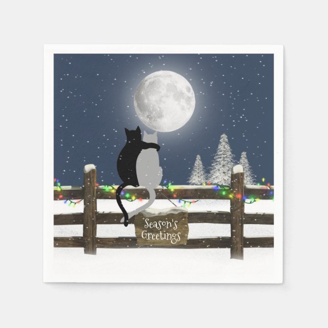 Servilleta De Papel Gatos de Navidad en una cerca con luna (Anverso)