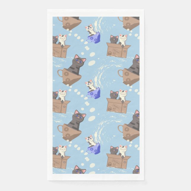Servilleta De Papel Gatos en caja y gotas de leche en azul (Anverso)