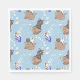 Servilleta De Papel Gatos en caja y gotas de leche en azul