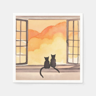 Servilleta De Papel Gatos en la ventana Silueta de acuarela al atard