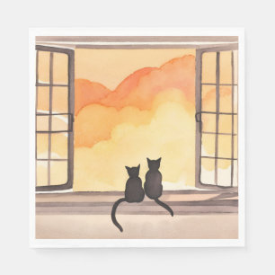 Servilleta De Papel Gatos en Ventana   Silueta de Acuarela al Atardece