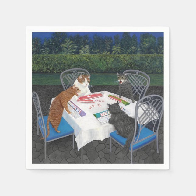 Servilleta De Papel Gatos jugando Mahjong en el jardín (Anverso)