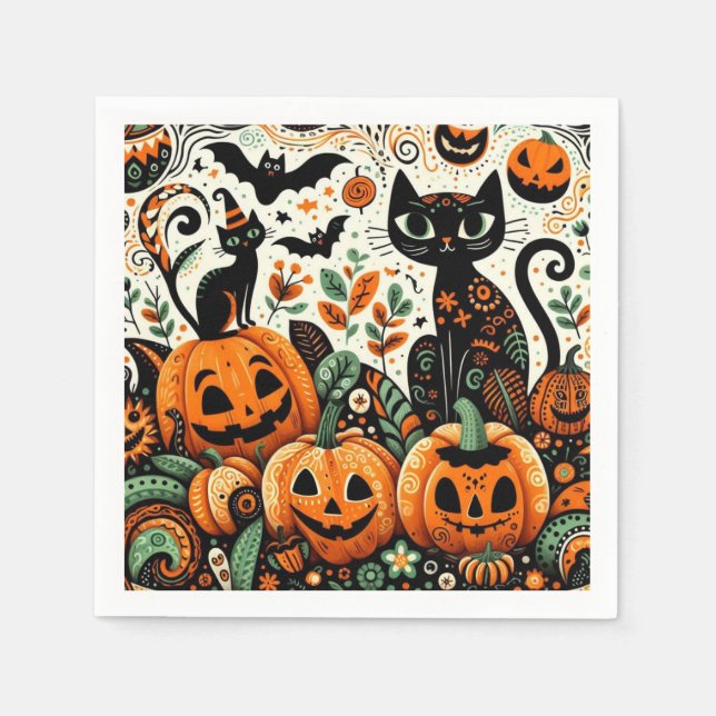 Servilleta De Papel Gatos negros, calabazas y murciélagos caprichosos (Anverso)