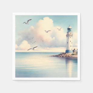 Servilleta De Papel Gaviotas de faro costero Cielo pastel Serenidad