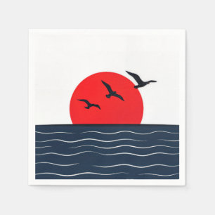 Servilleta De Papel Gaviotas en sol rojo con océano