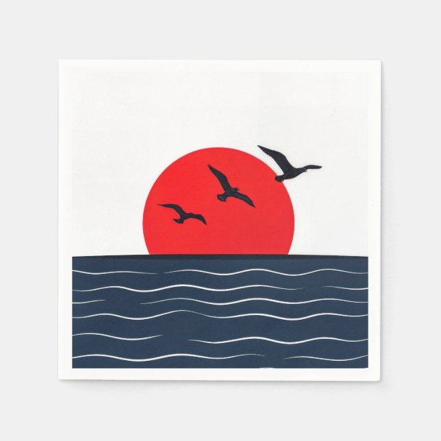 Servilleta De Papel Gaviotas en sol rojo con océano (Anverso)