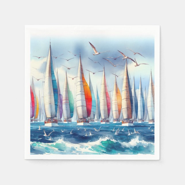 Servilleta De Papel Gaviotas volando con una regata de veleros (Anverso)