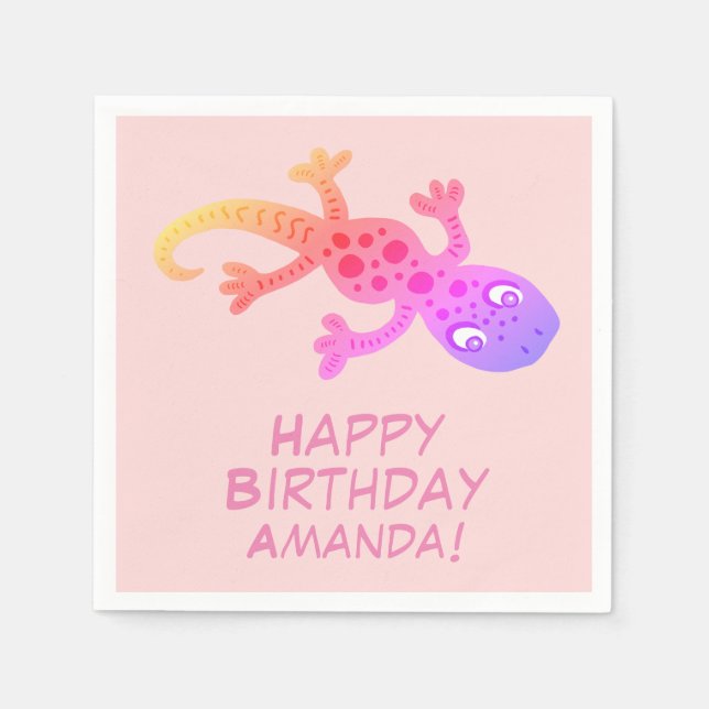 Servilleta De Papel Gecko Lizard Rainbow Custom Name Kids Birday (Anverso)