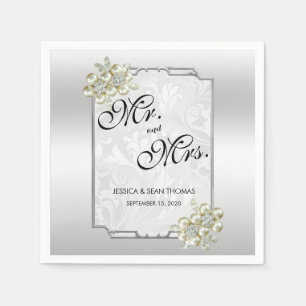 Servilleta De Papel Gema floral elegante, Boda enmarcado plateado