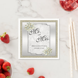 Servilleta De Papel Gema floral plateado enmarcado, Boda dorado y plat