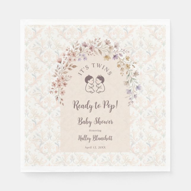 Servilleta De Papel Gemelos Caprichosos Cumpleaños Bebé Floral Pastel  (Anverso)