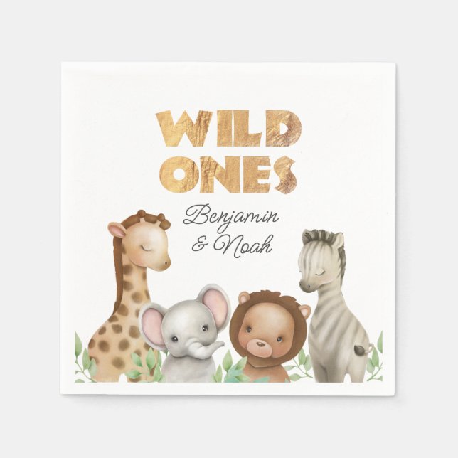 Servilleta De Papel Gemelos Safari Wild Ones primer cumpleaños (Anverso)