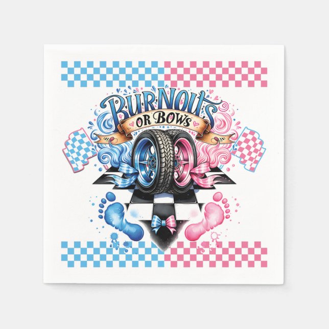 Servilleta De Papel Gender Reveal Pink and Blue Bows and Tires (Anverso)