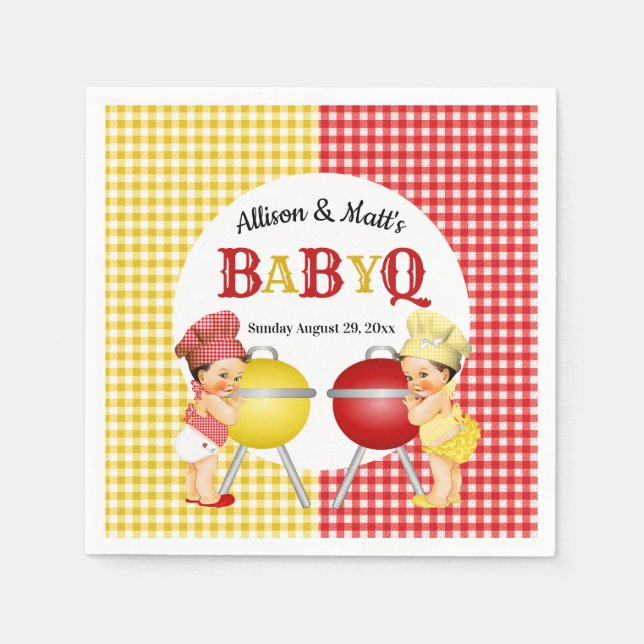 Servilleta De Papel Género Revelar amarillo rojo Gingham Baby Q BBQ (Anverso)