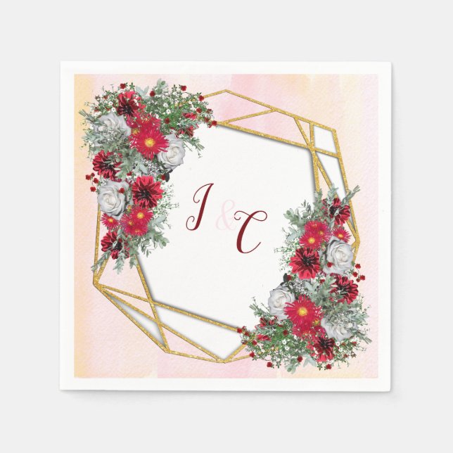 Servilleta De Papel Geométrico - Bouquets de Borgoña Purpurina de oro (Anverso)