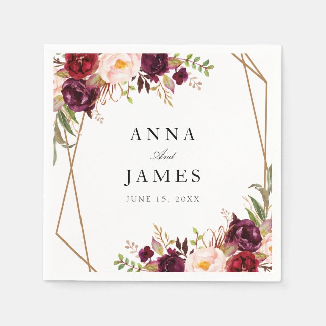 Servilleta De Papel geométrico floral burdeos y rojo (Anverso)