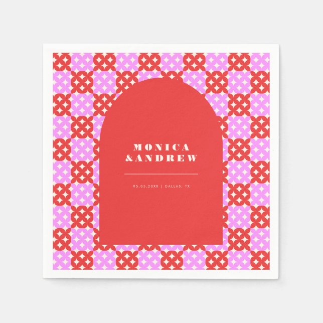 Servilleta De Papel Geométrico Moderno Retro Rojo Y Arco Rosa De Media (Anverso)