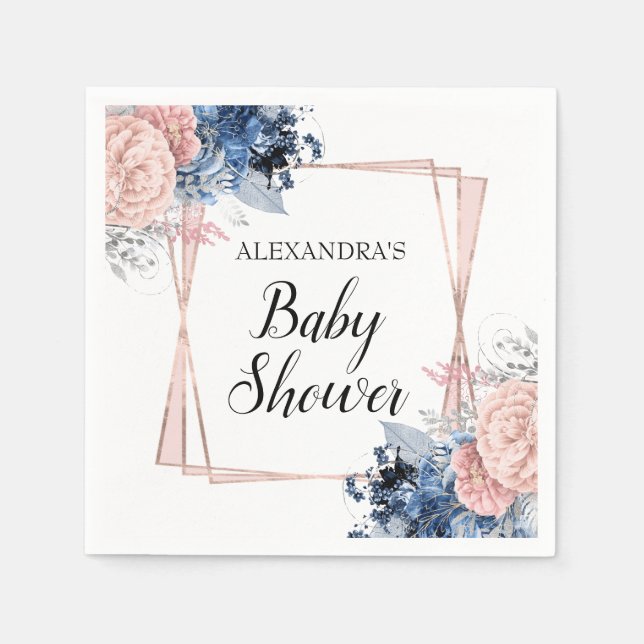 Servilleta De Papel Geométrico rosa Baby Shower floral azul de la mari (Anverso)