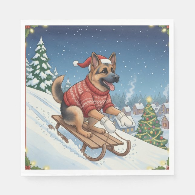 Servilleta De Papel German Shepherd Sledding, Christmas Napkins (Anverso)