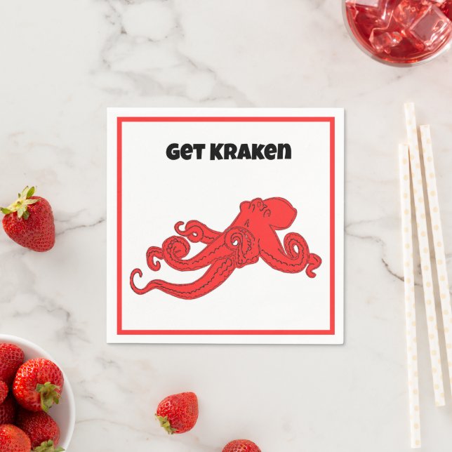 Servilleta De Papel Get Kraken Fun Retro Red Octopus Cartoon (In situ)