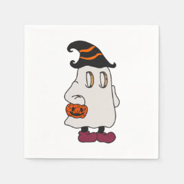 Servilleta De Papel Ghost holding pumpkin and wearing witch hat