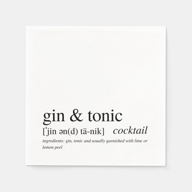 Servilleta De Papel Gin y Tonic Modern Cita Typografía Negra (Anverso)