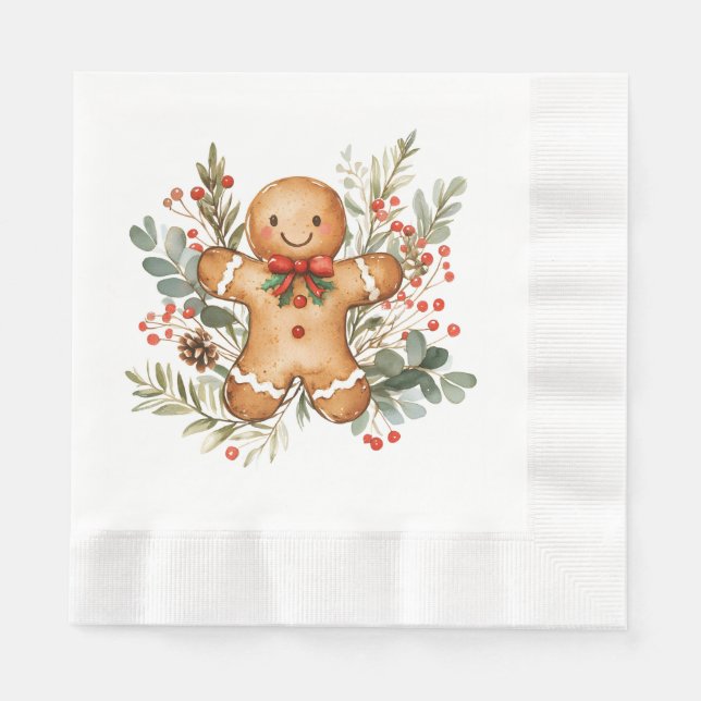 Servilleta De Papel Gingerbread Man Greenery Foliage Christmas Napkin (Anverso)