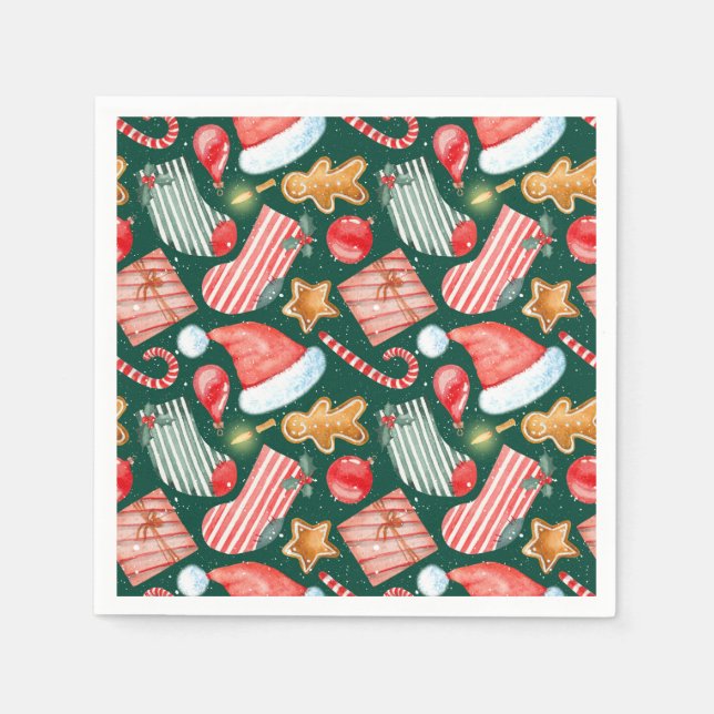 Servilleta De Papel Gingerbread Santa Hat festive pattern watercolor (Anverso)