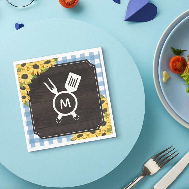 Servilleta De Papel Gingham Azul y Girasoles Barbacoa Rústica Monogram (Subido por el creador)