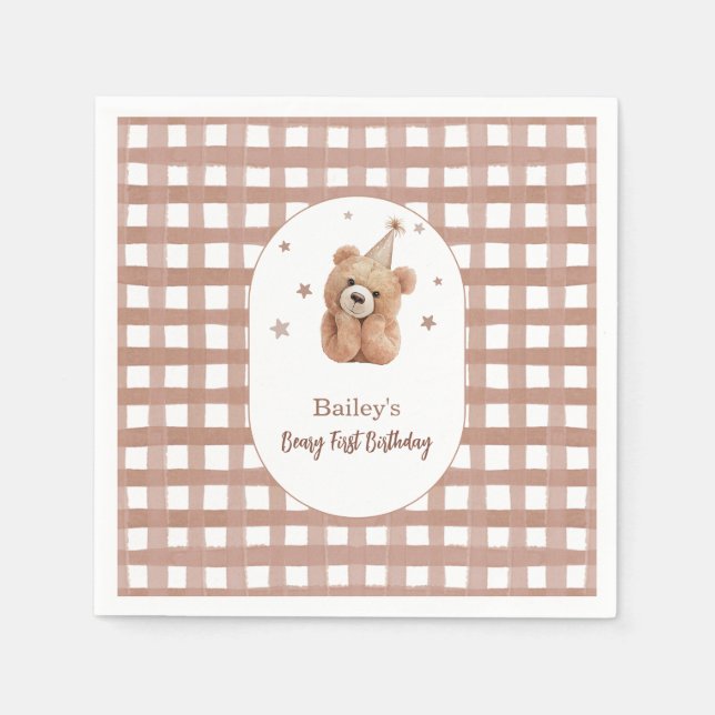 Servilleta De Papel Gingham Cumpleaños Primero Beary (Anverso)