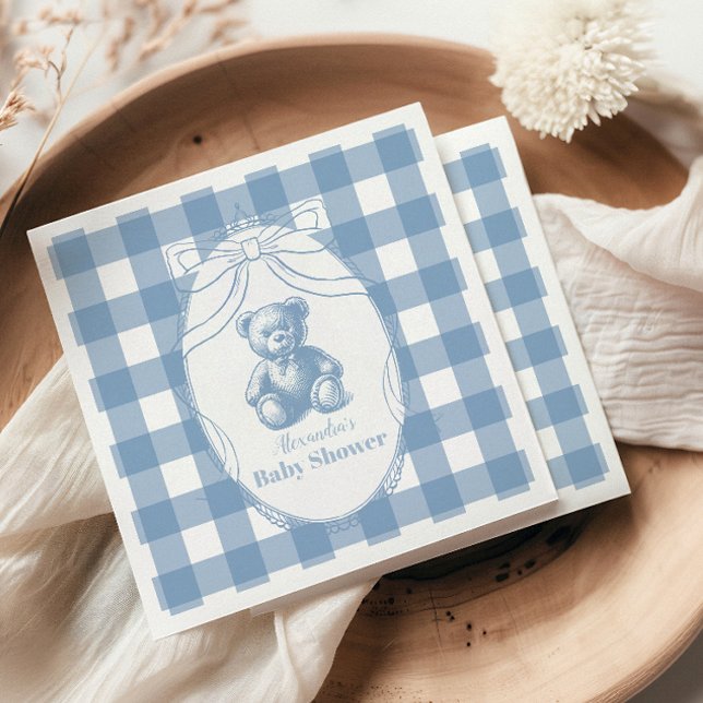 Servilleta De Papel Gingham French Teddy Bear Baby Shower (Subido por el creador)