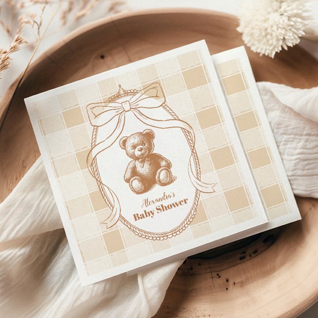 Servilleta De Papel Gingham French Teddy Bear Baby Shower (Subido por el creador)