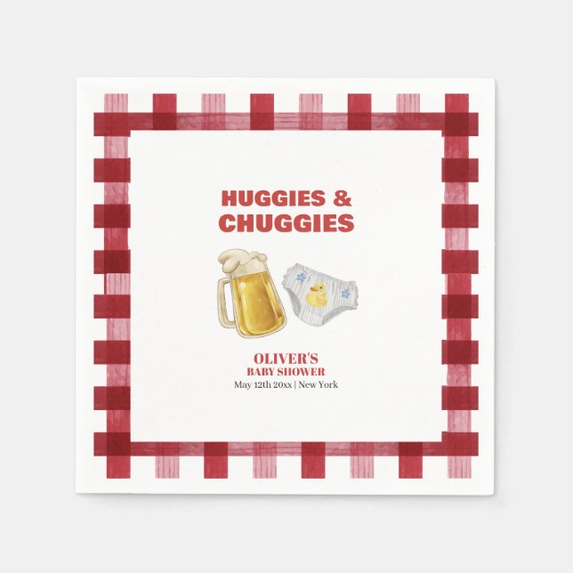 Servilleta De Papel Gingham Huggies Chuggies Beer Diaper Baby Shower  (Anverso)