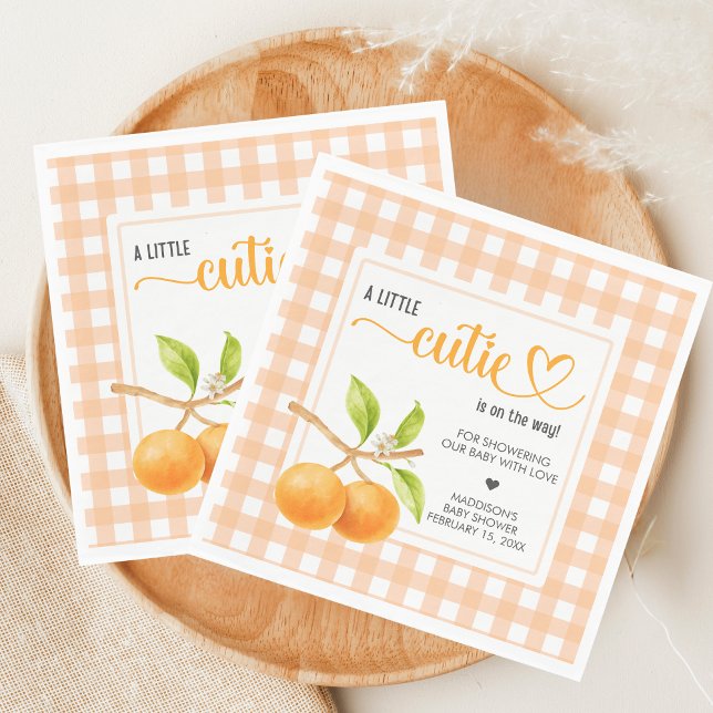 Servilleta De Papel Gingham Orange Baby Shower (Little Cutie Orange Baby Shower Napkin)