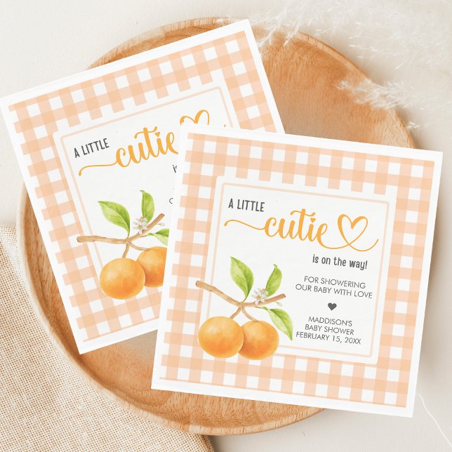 Servilleta De Papel Gingham Orange Baby Shower (Little Cutie Orange Baby Shower Napkin)