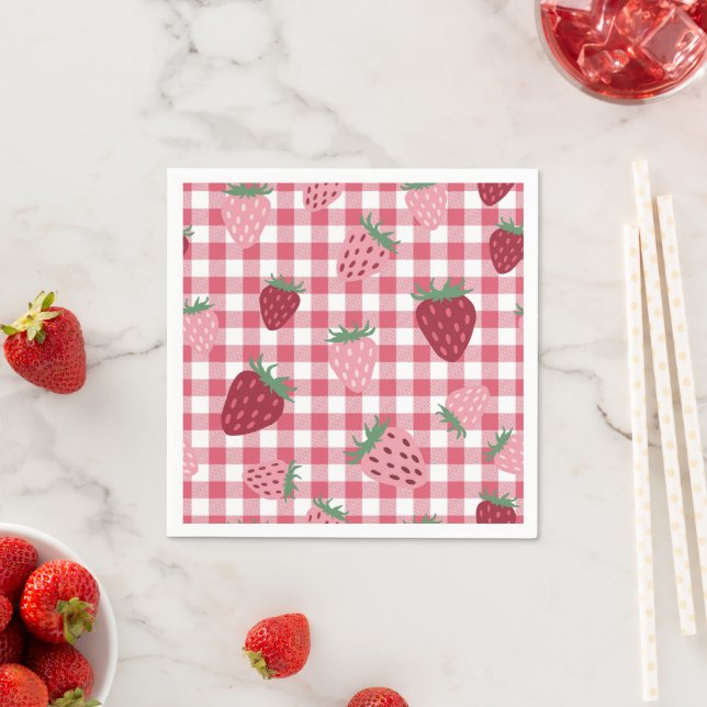 Servilleta De Papel Gingham Pink & Red Strawberry Berry (In situ)